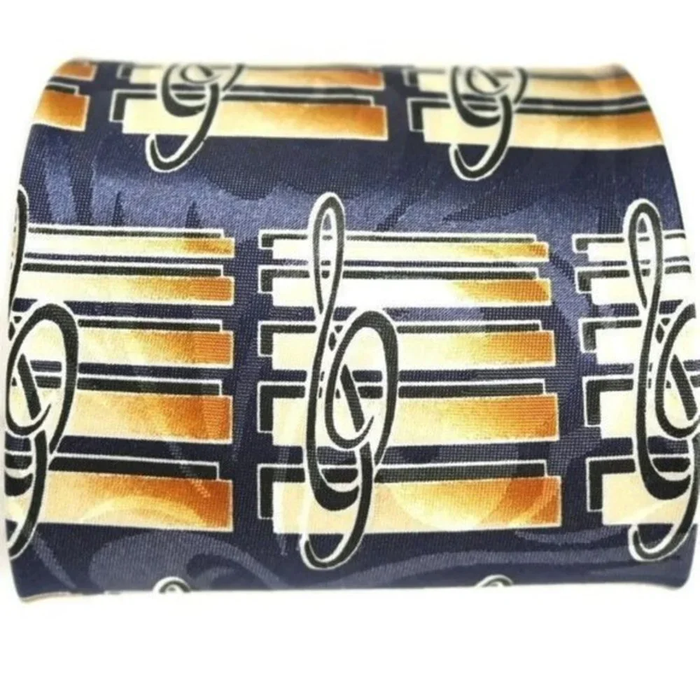 Steven Harris Tie Necktie Music Musical Notes Band Blue Tan Gold Hand Made